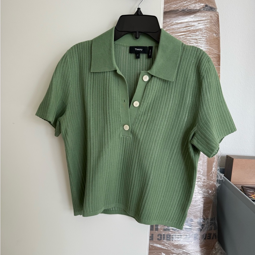 Theory Green Cotton Blend Cropped Polo Top XS (P)